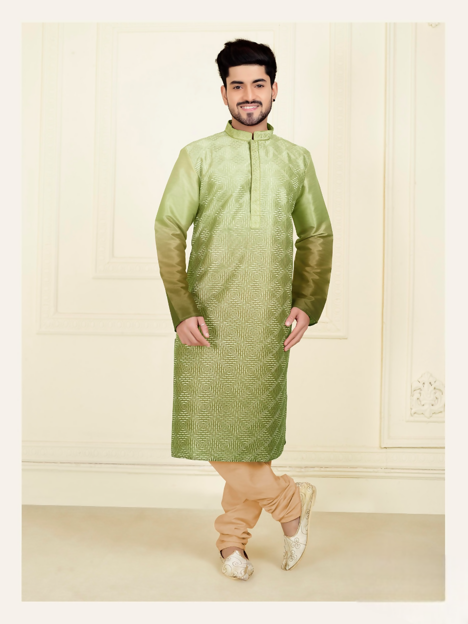 Joban Fashion Green Slub Silk Embroidery Kurta Pyjama