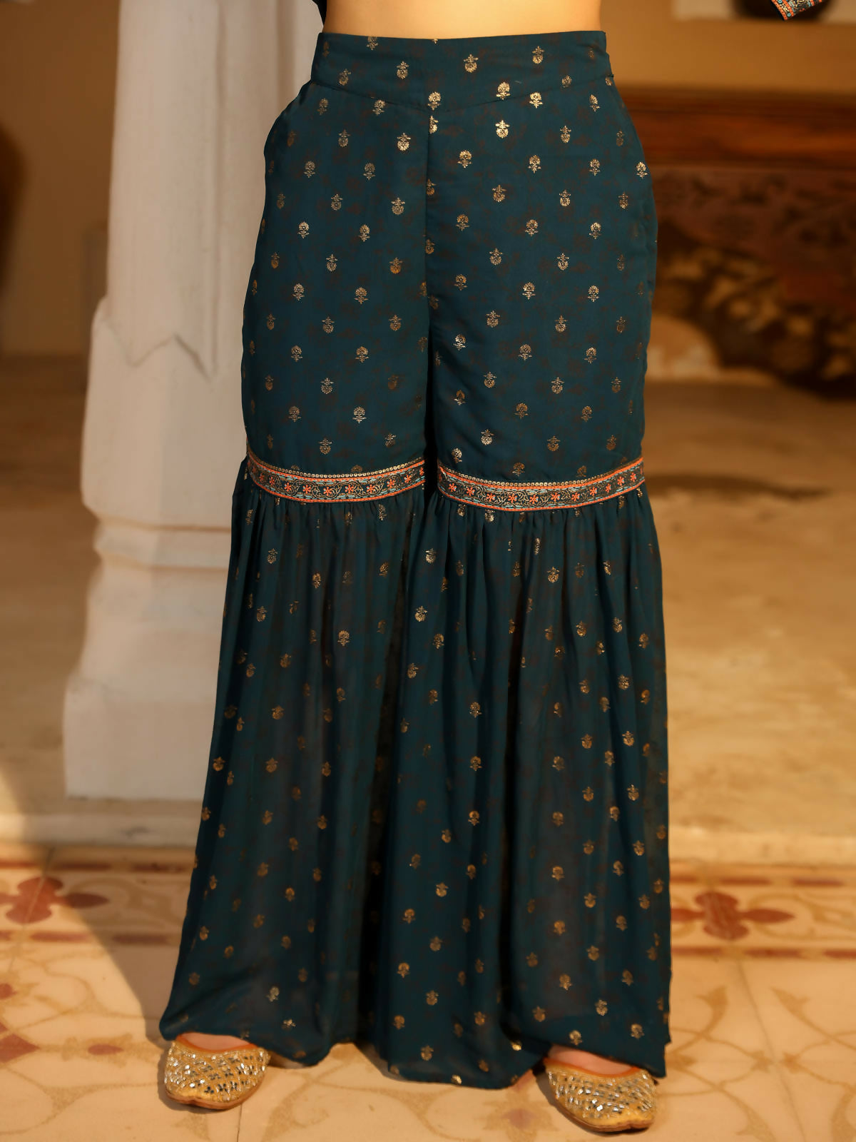 Juniper Women's The Swarn Teal Ethnic Motif Printed Georgette Kurta Pant And Dupatta With Sequins & Zari Work