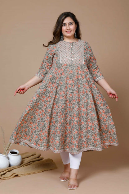 Miravan Women's Plus Size Camel Brown Gotta Patti Pure Cotton Anarkali Kurta