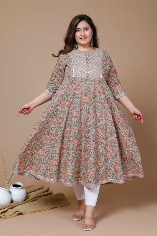 Miravan Women's Plus Size Camel Brown Gotta Patti Pure Cotton Anarkali Kurta