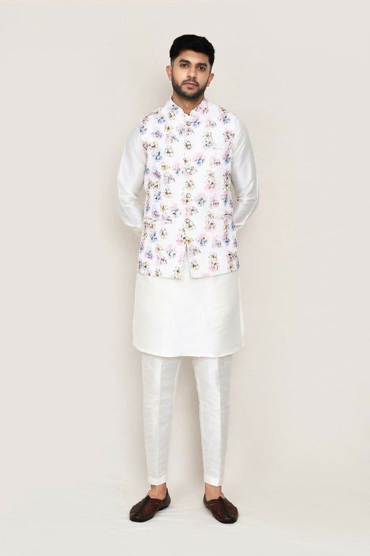 Joban Fashion White Colored Cotton Based With Thread Work Work Men's Jacket