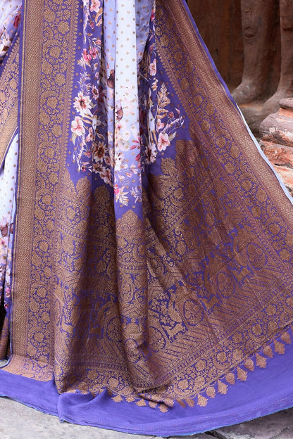 Joban Fashion Shade Of Orchid Crepe Chiffon Pure Handloom Banarasi Silk Saree
