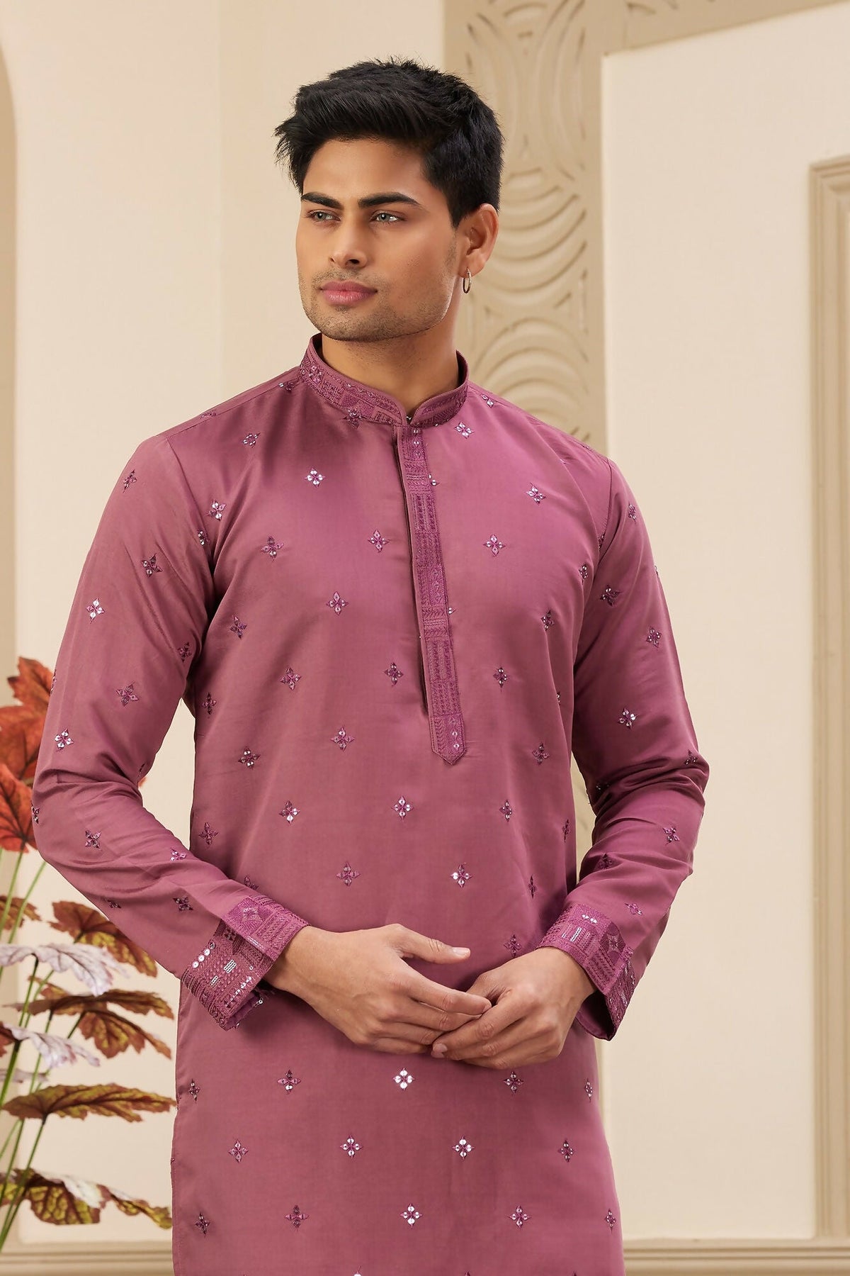 Raivat Ethnic Men's Art Silk Thread Work Kurta Pyjama In Mauve Colour