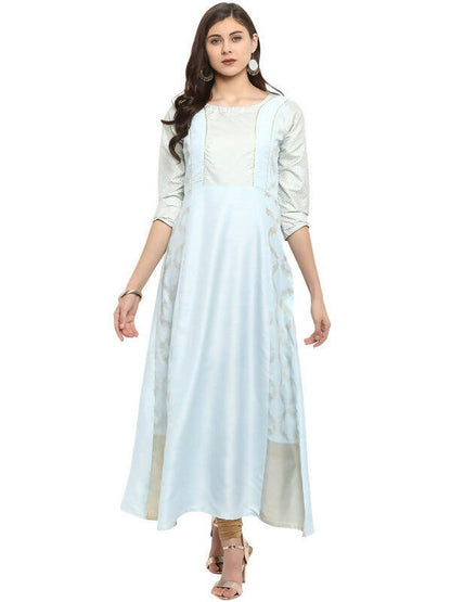 Ahalyaa Women Blue & Silver-Coloured Yoke Design A-Line Kurta