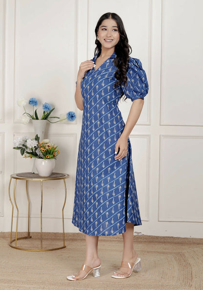 Miravan Womens Floral Print Blue Collar-Neck Puff Sleeves A-Line Maxi Dress
