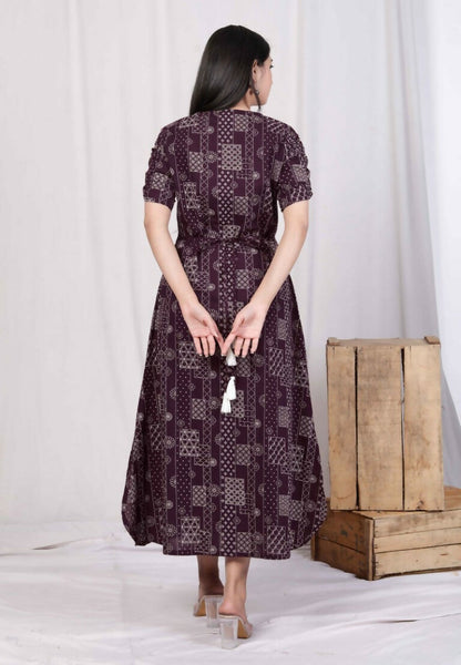 Miravan Women's Wine Mandarin Neck Floral Printed A-Line Party wear Maxi Dress