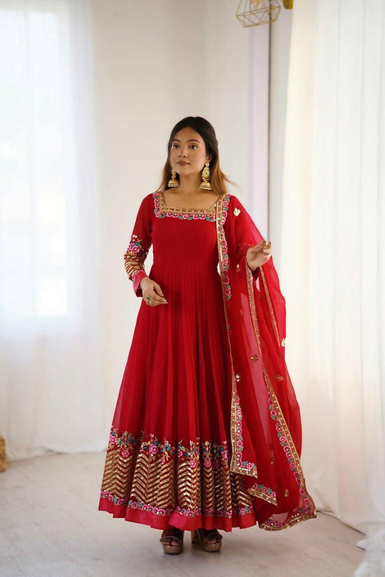 Teeya Creation Red Color Heavy Georgette Wedding Wear Embroidery Work Long Gown