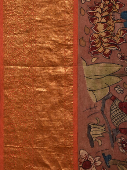 Rust Kalamkari Hand Painted Kanchipuram Silk Handloom Saree with Dashavatar Design - Global Threads
