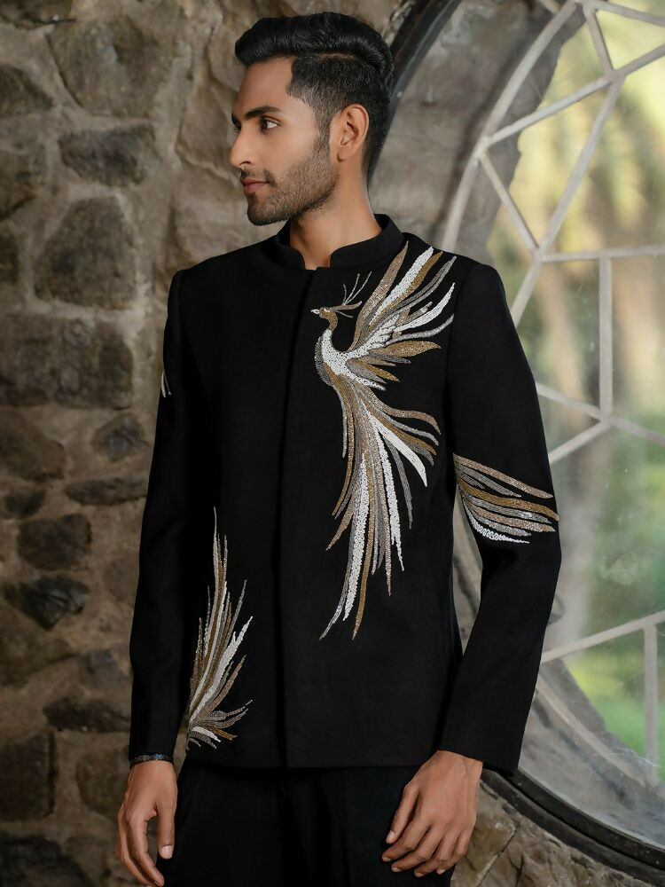 Black Bandhgala Elegance – Black Leaf Embroidery by Hilo Design