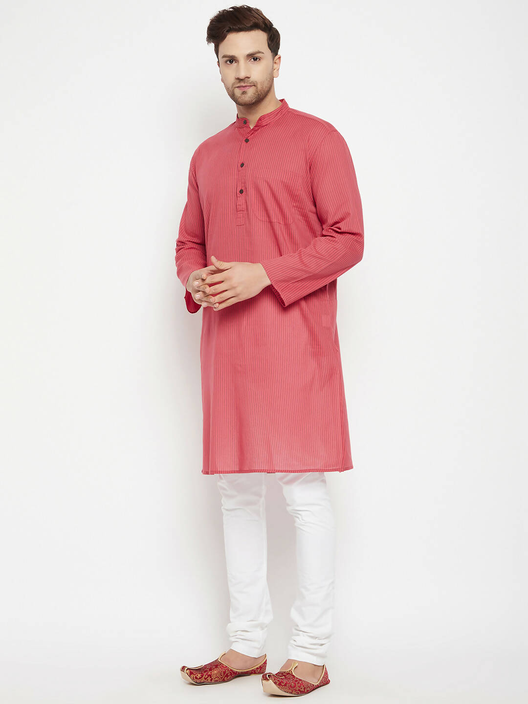 Even Apparels Rust Pure Cotton Long Men's Kurta With Band Collar