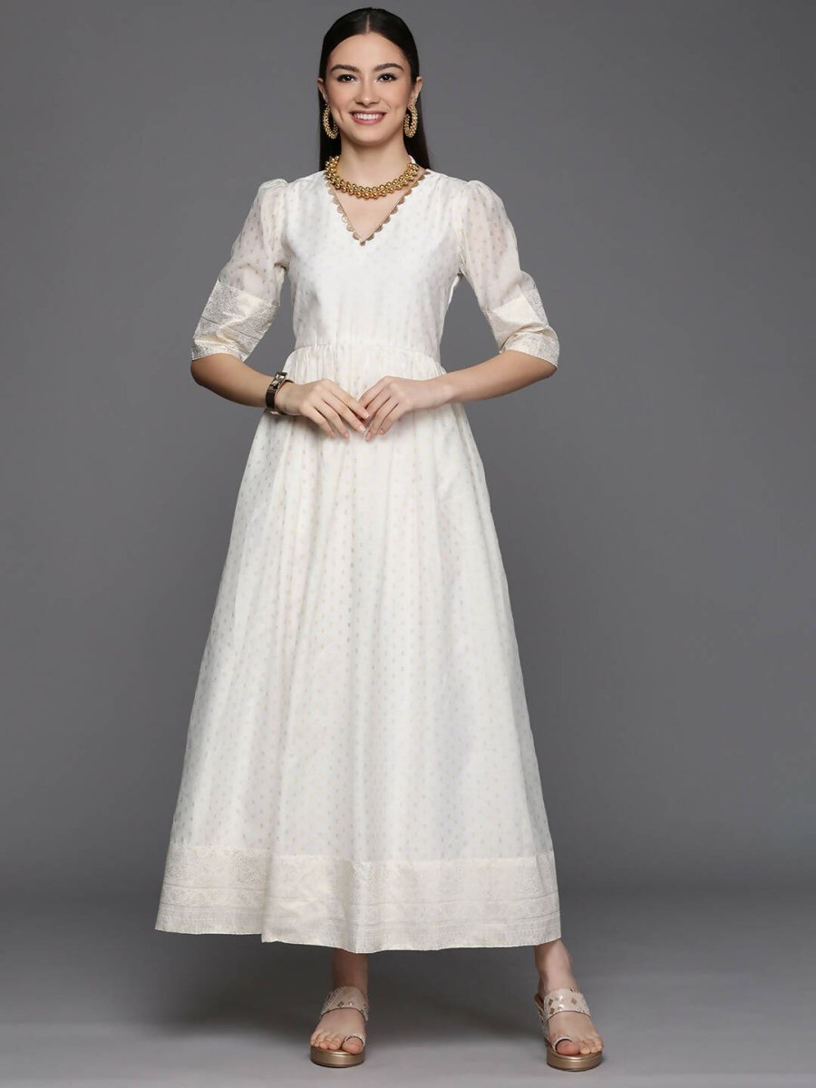 Ahalyaa Women's Off white Chanderi Gold Pasted Dress