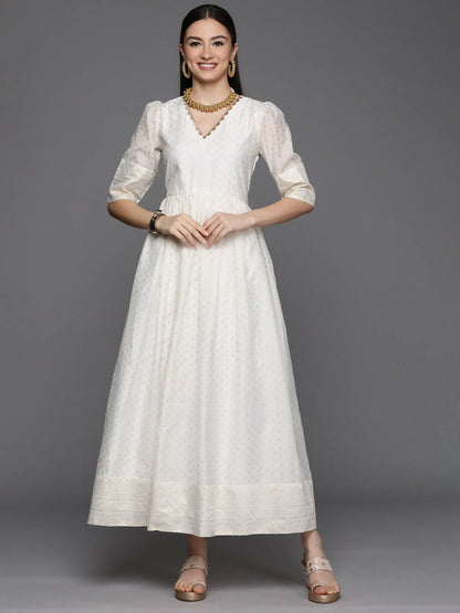 Ahalyaa Women's Off white Chanderi Gold Pasted Dress