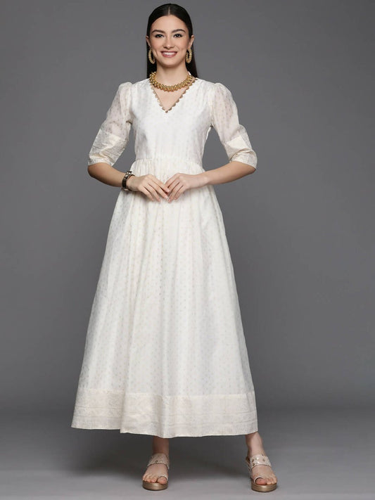 Ahalyaa Women's Off white Chanderi Gold Pasted Dress