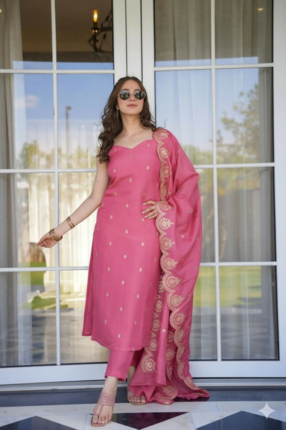 The52 Peach Women's Viscose Zari Chanderi Fabric Embroidered Work Straight Kurta, Pant and Dupatta Set