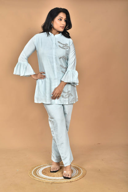 Morchari Women Hand Embroidery Co-Ords-Light Blue