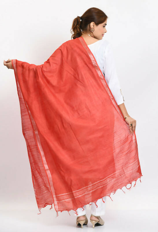 Mominos Fashion Moeza Women's Linen Cotton Silver Border Red Dupatta