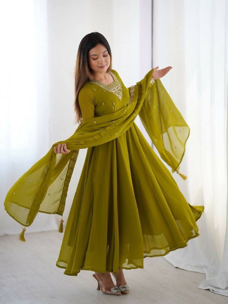 Teeya Creation Mahendi Green Color Pure Soft Georgette Embroidery Work Gown