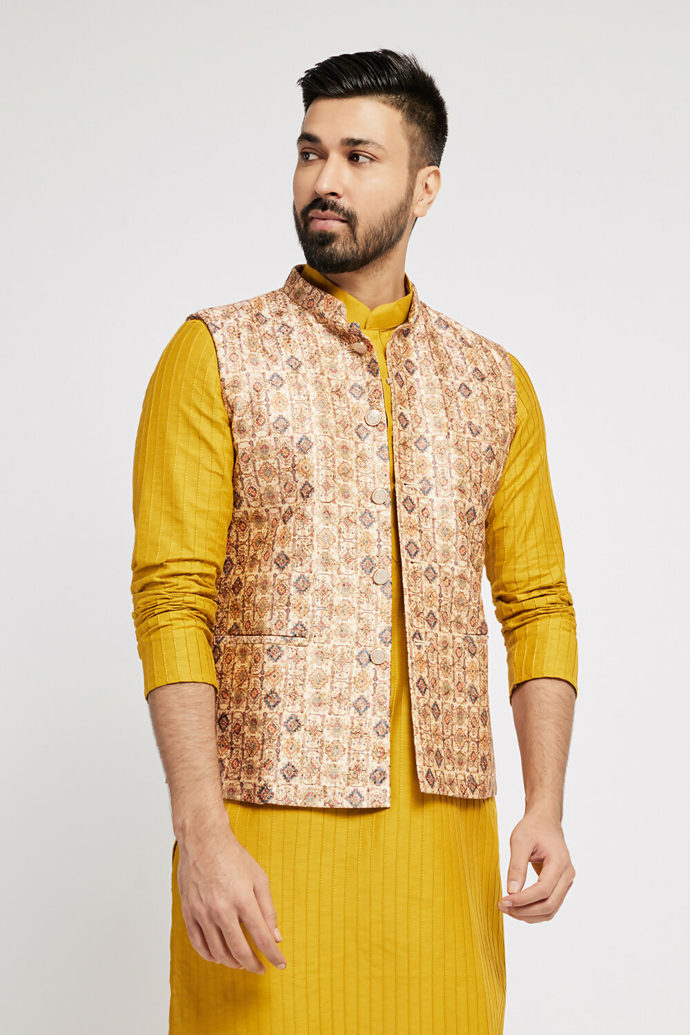 Ethnic India Cream Bundi Men's Jacket Abstract Polyester