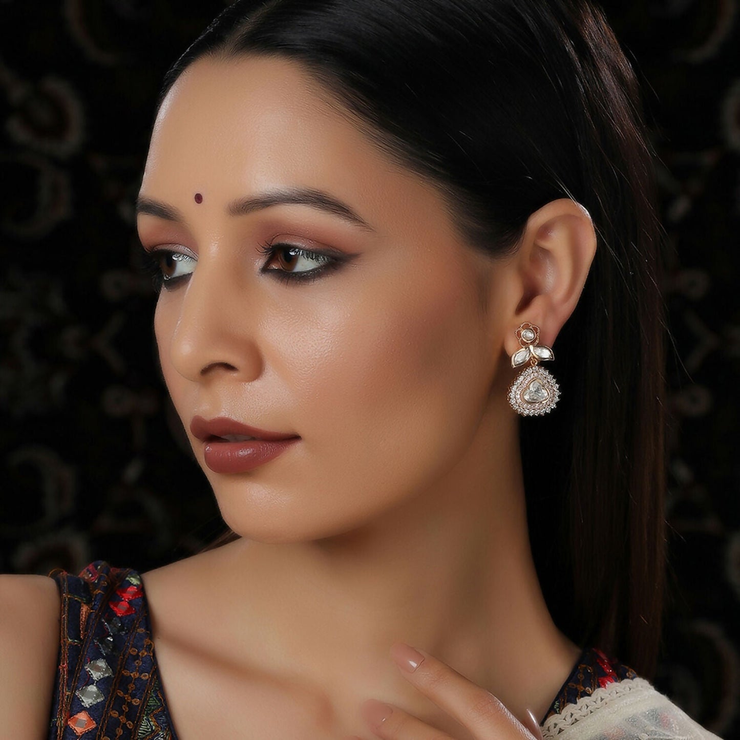 Kundan and Diamond with Pink Stones Dangler Earrings (Gold) - Ruby Raang
