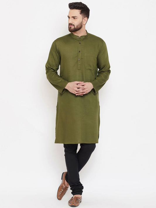 Even Apparels Green Linen Men's Kurta With Band Collar