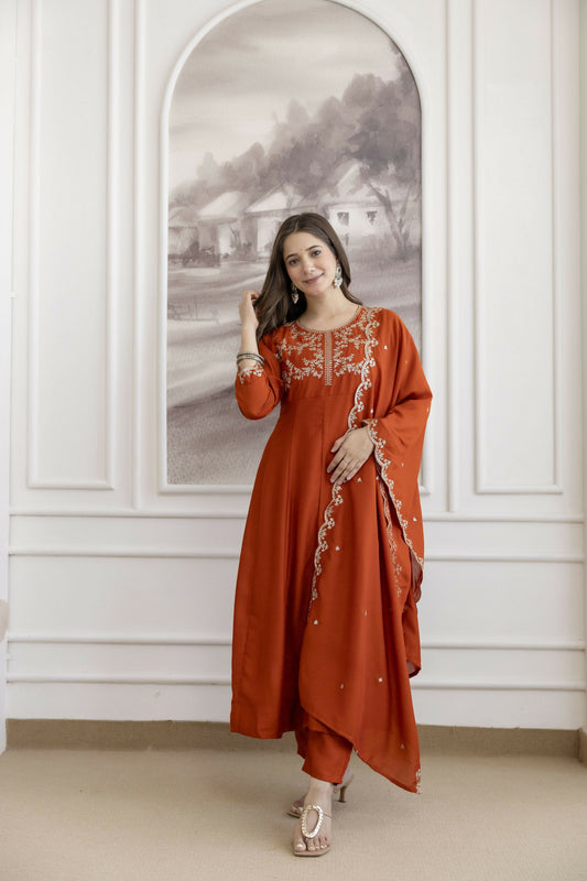 The52 Orange Women's Beautiful Vichitra Silk Fabric Embroidered Work Flared Anarkali Pant and Dupatta Set