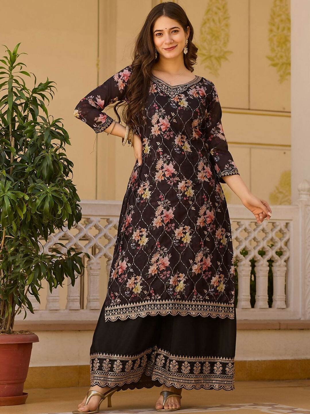 The52 Black Women's Gorgeous Embroidered Chinon Fabric Straight Kurta Palazzo and Dupatta Set