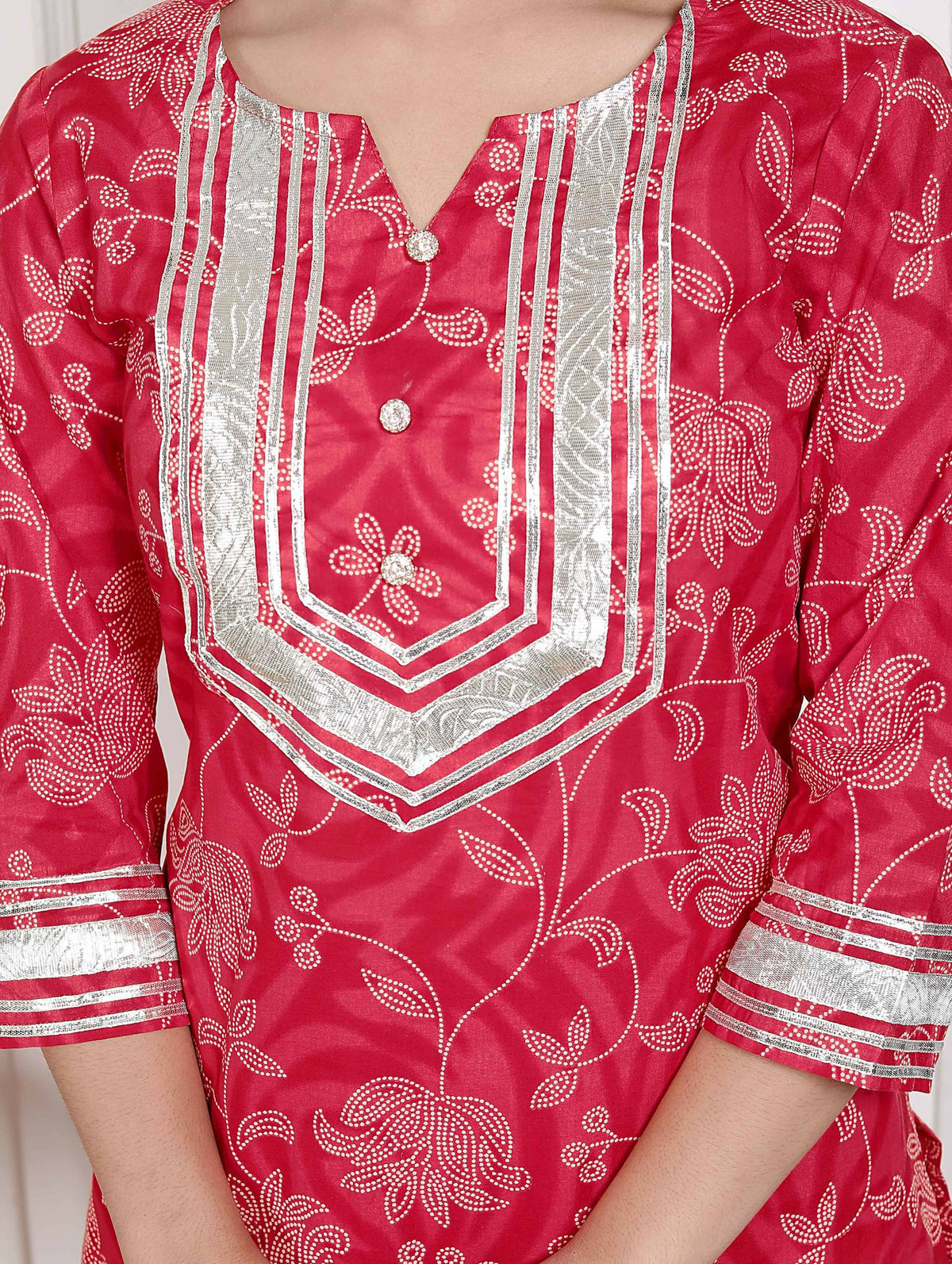 Miravan Red Floral Print Embroidered Cotton Straight Kurta with Palazzo & Dupatta