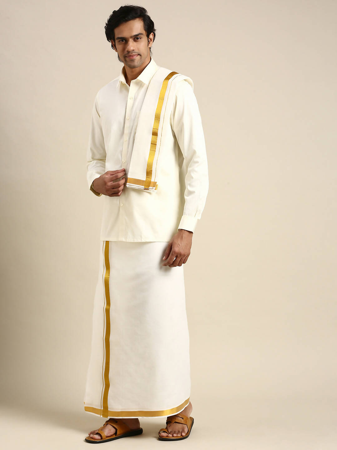 Ramraj Cotton Wedding Cream Zari Dhoti with shirt Bit & Towel Set Subamangalam 50k