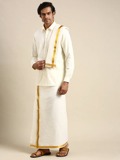 Ramraj Cotton Wedding Cream Zari Dhoti with shirt Bit & Towel Set Subamangalam 50k