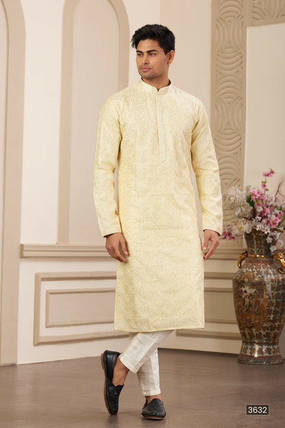 Raivat Ethnic Men's Art Silk Thread Work Kurta Pyjama In Yellow Colour