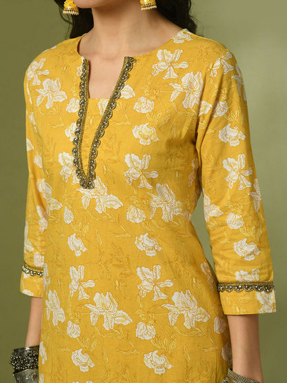 Myshka Women's Yellow Printed Cotton Straight Party Kurta Set