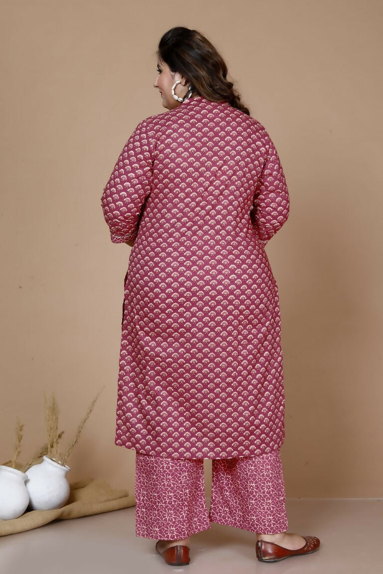 Miravan Women's Plus Size Pink Straight Floral Printed Kurta & Palazzo With Dupatta Set