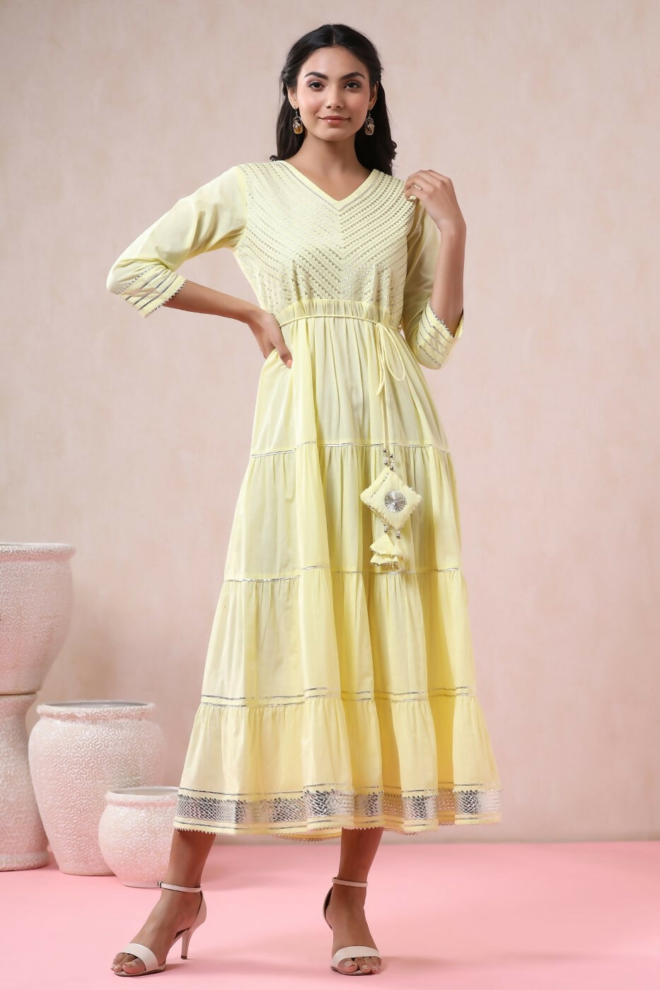 Juniper Yellow Solid Pure Cotton Solid Tiered Maxi Dress With Gota Work Dori Tie-Up & Cushioned Tassels At Waist