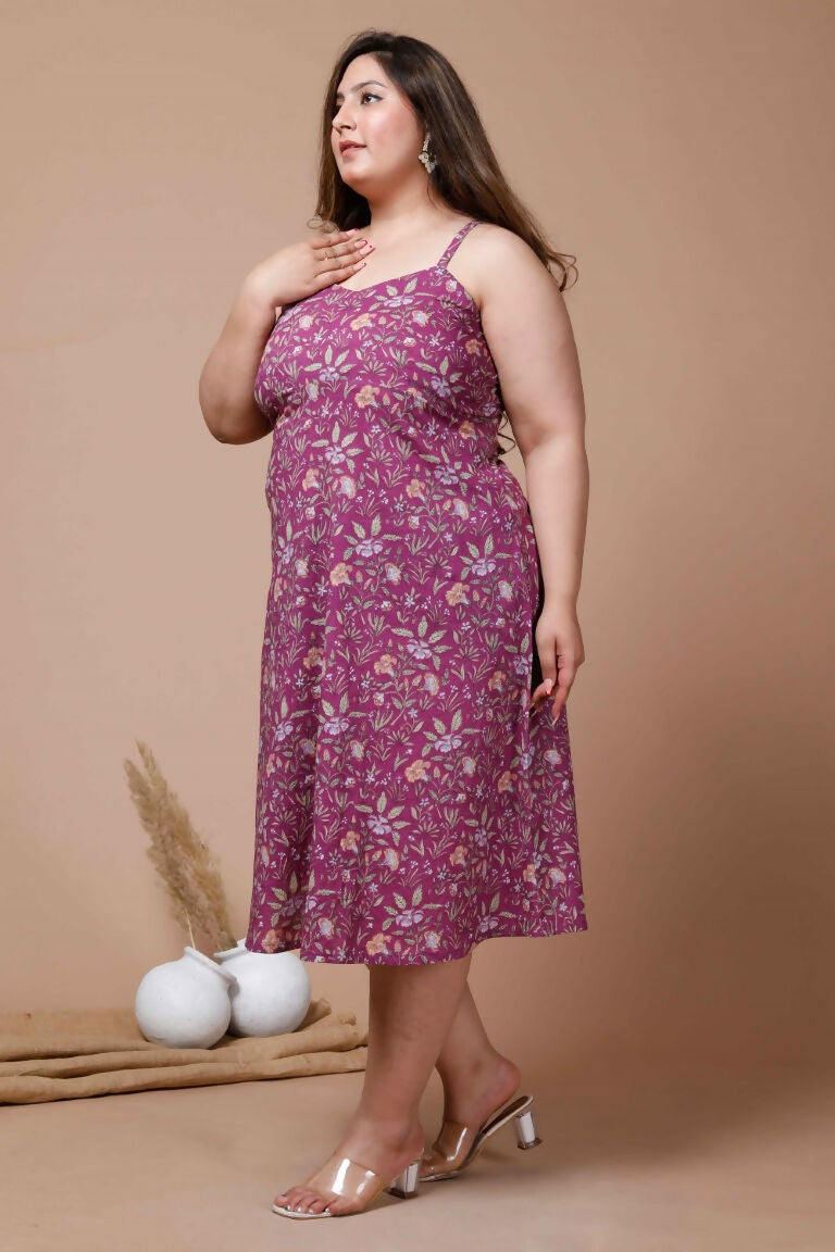 Miravan Women's Plus Size Purple Floral Printed Shoulder Strap Midi Dress
