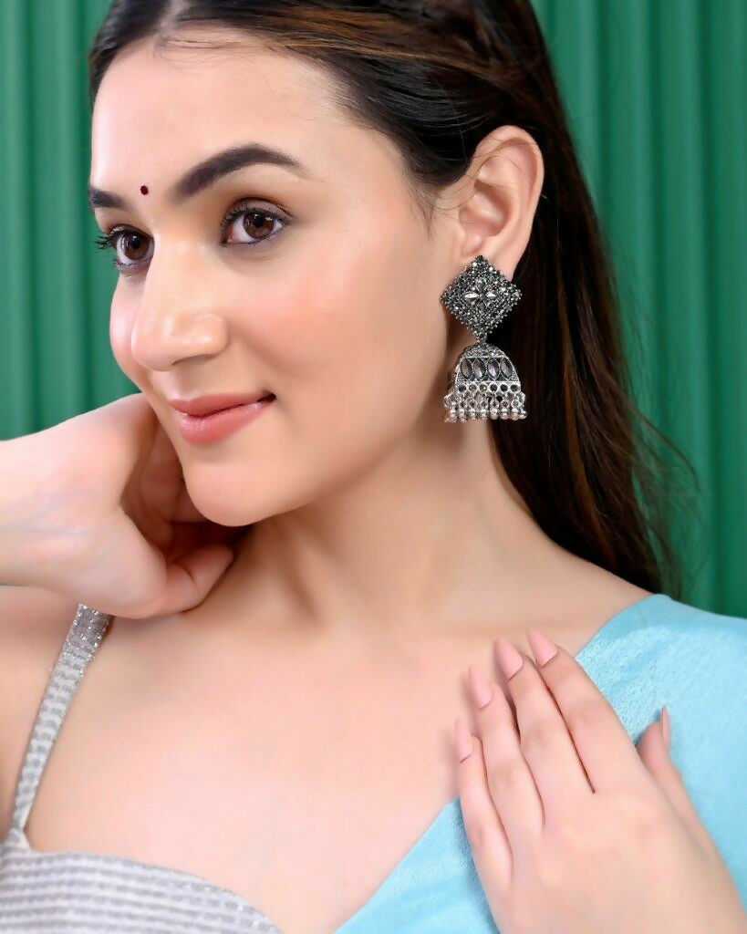 VOJ Black-Toned AD Studded Dome Shaped Jhumkas Earrings