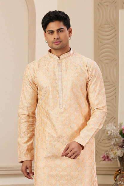 Raivat Ethnic Men's Art Silk Thread Work Kurta Pyjama In Peach Colour