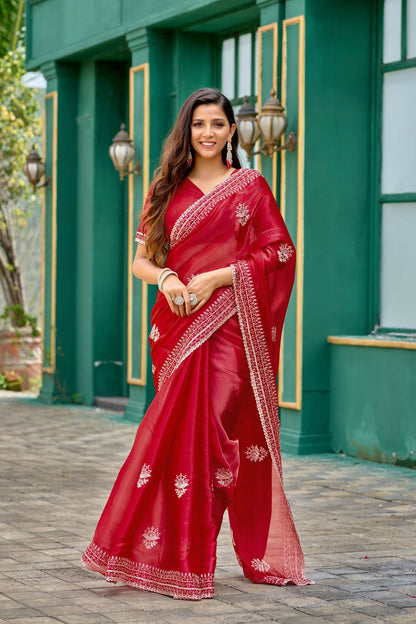 Vastranavya Red Embroidery Work Shimmer Chiffon Saree with Unstitched Blouse
