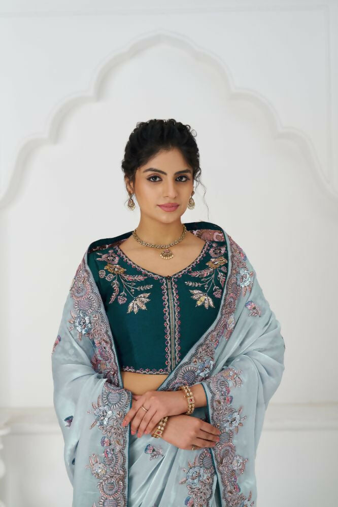 Kesar Fab Graceful Grey In Rich Silk Fendi With Zari And Sparkling Sequins Saree