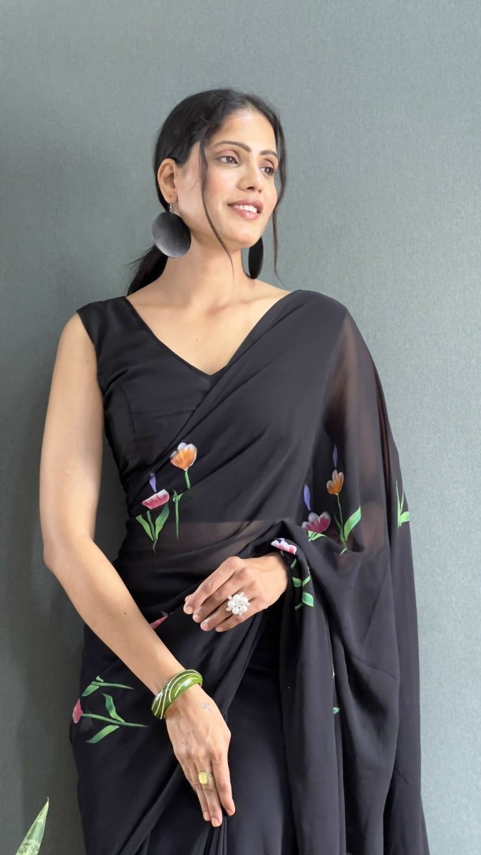 Aayaa Designer 1 min Hand Painted Ready to Wear saree - Black
