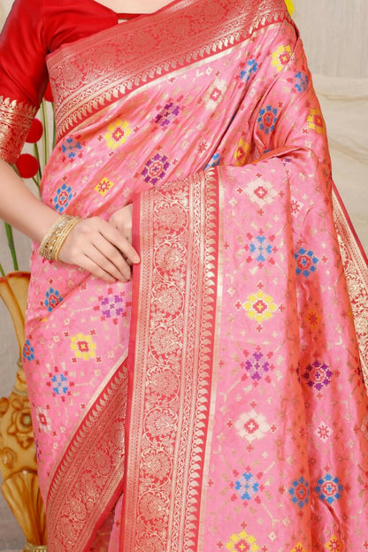 Jyoti Fashion Women's Baby Pink Patola Silk Zari Woven Saree with Blouse