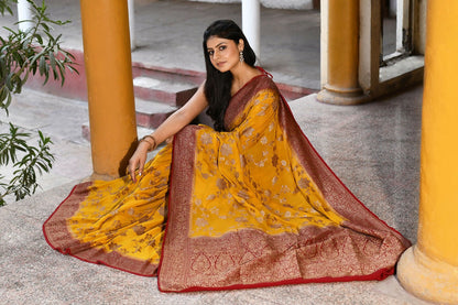 Joban Fashion Yellow Crepe Chiffon Pure Handloom Banarasi Silk Saree