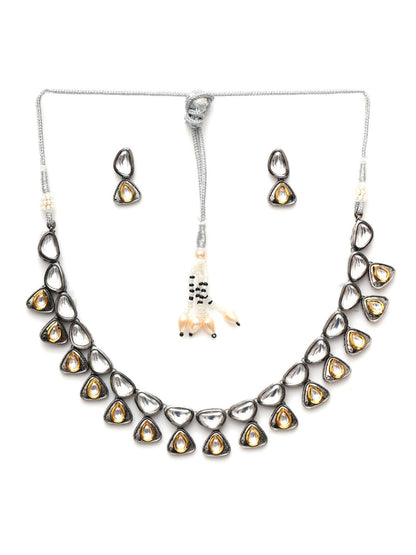 Dual Tone Kundan Neckpiece with Earrings Jewellery Set (silver) - Ruby Raang