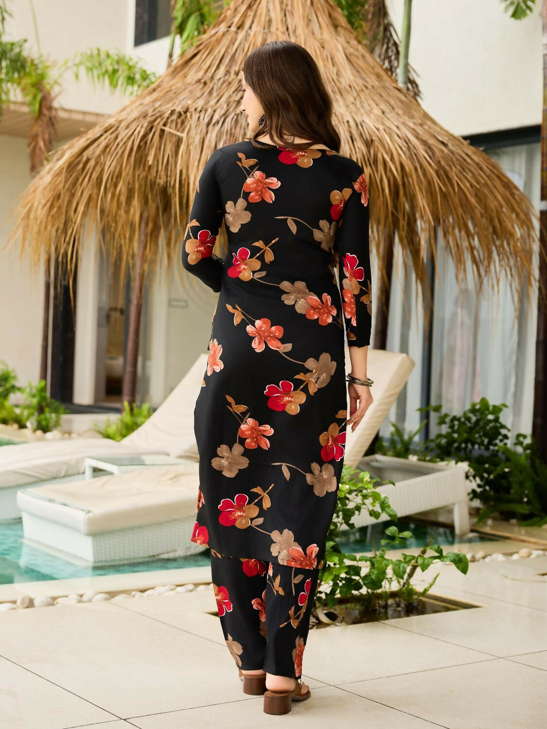 The52 Black Women's Gorgeous Printed Silk Blend Fabric Straight Kurta, Pant and Dupatta Set