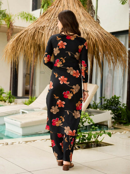 The52 Black Women's Gorgeous Printed Silk Blend Fabric Straight Kurta, Pant and Dupatta Set