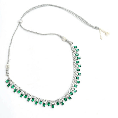Mominos Fashion Johar Kamal Silver-Plated American Diamond Green Choker Set