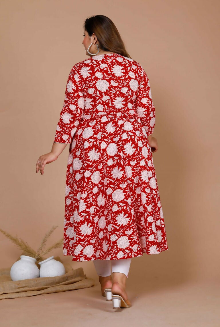 Miravan Women's Plus Size Floral Printed Cotton Anarkali Kurta With Dupatta