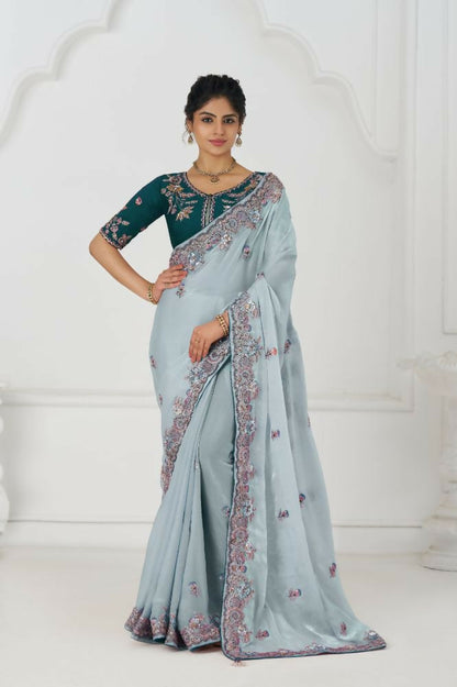 Kesar Fab Graceful Grey In Rich Silk Fendi With Zari And Sparkling Sequins Saree