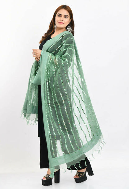Mominos Fashion Moeza Women's Orgenza Mirror Stripe Thread Work Pista Green Dupatta