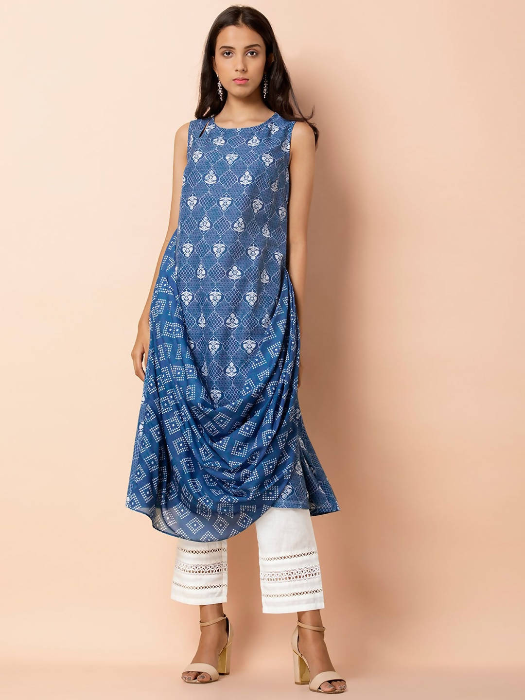 Indya Blue & White Printed A-Line Kurta
