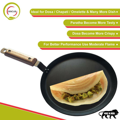 Amicus Pure Iron Tawa for Dosa Roti Chapati Paratha, Flat Iron Dosa Tava with Wooden Handle